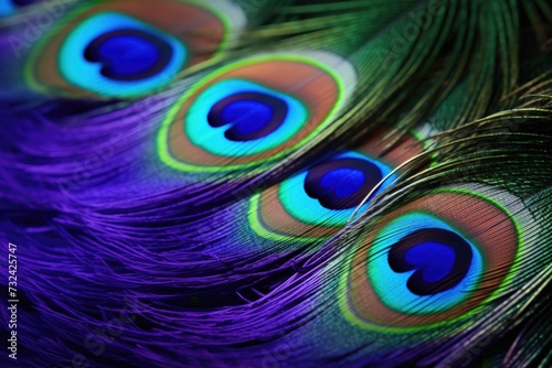 A close up view of a group of peacock feathers. This image can be used for various purposes such as fashion design, interior decoration, or nature-themed projects