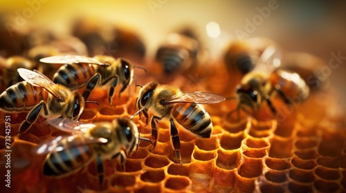 A group of bees gathered on a honeycomb. Perfect for illustrating the busy and productive nature of bees and their role in honey production.
