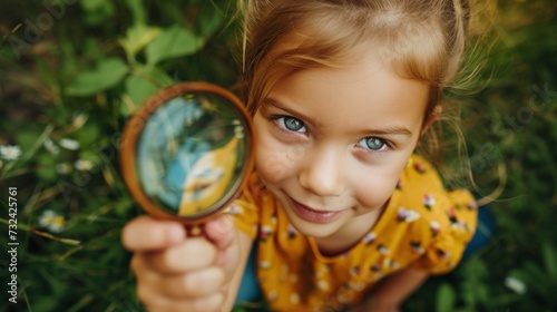 A young girl with blue eyes holding a round mirror in a grassy field smiling.