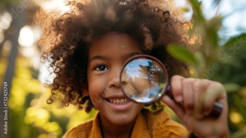 A young child with curly hair wearing a yellow top holding a magnifying glass and looking at the reflection of a tree in the glass with a bright and blurred background of a forest. photo