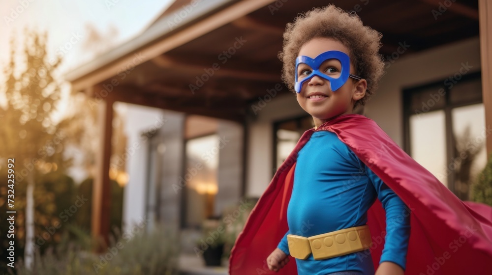 Young child dressed as superhero smiling wearing blue mask and red cape standing in front of wooden house with porch.