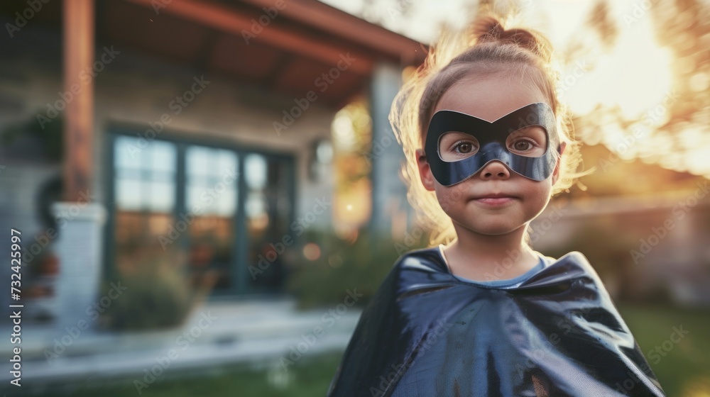 Young girl in superhero costume with black mask and cape standing in front of a house with a warm sunset glow. Young girl in superhero costume with black mask and cape standing in front of a house with a warm sunset glow.
