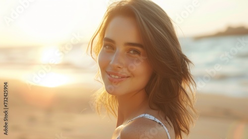 A young woman with long brown hair smiling at the camera standing on a beach with the sun setting behind her creating a warm golden glow.