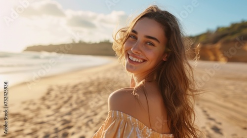 A young woman with long hair smiling at the camera standing on a sandy beach with the ocean in the background wearing a yellow off-the-shoulder top.