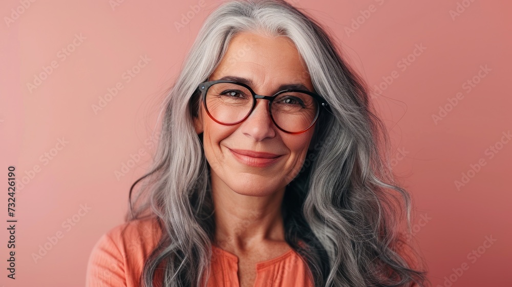 Obraz premium Smiling woman with gray hair and glasses wearing a peach top against a soft pink background.