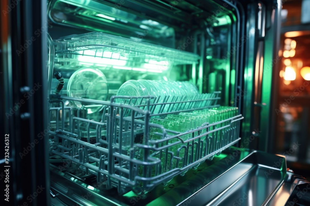 A detailed view of a dishwasher inside an oven. This image can be used to showcase kitchen appliances or to illustrate the concept of multi-functional kitchen spaces