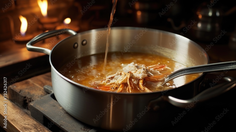 A pot filled with soup sitting on top of a stove. Suitable for recipes, cooking, and food preparation concepts A pot filled with soup sitting on top of a stove. Suitable for recipes, cooking, and food preparation concepts
