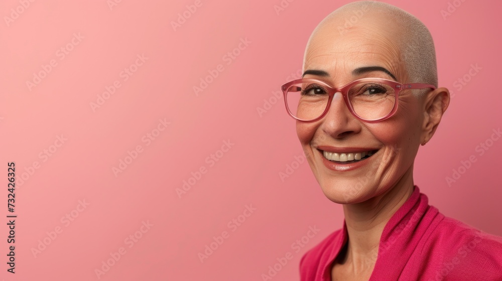 Smiling woman with gray hair wearing glasses and a patterned top against a beige background. Smiling woman with gray hair wearing glasses and a patterned top against a beige background.