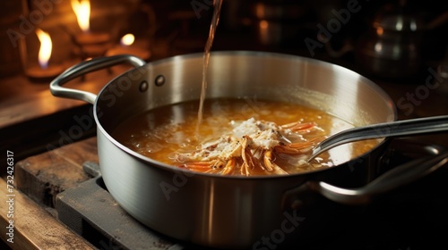 A pot filled with soup sitting on top of a stove. Suitable for recipes, cooking, and food preparation concepts