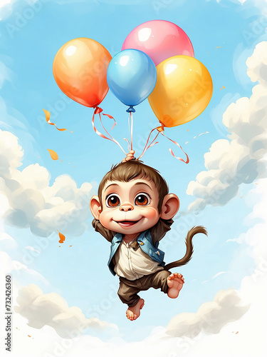 Small monkey soaring with colorful balloon.