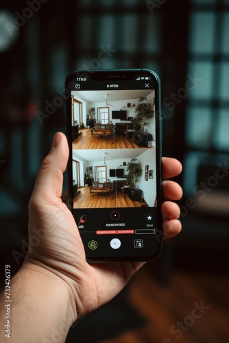 A person capturing a moment in a well-designed living room. This image can be used to showcase interior design or for photography-related concepts