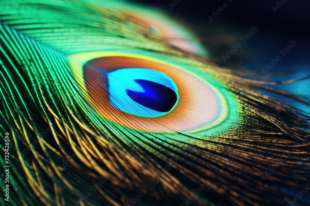 Fototapeta premium Close up view of a peacock feather showcasing its intricate details and vibrant blue eye. This image can be used to add a touch of elegance and beauty to various design projects
