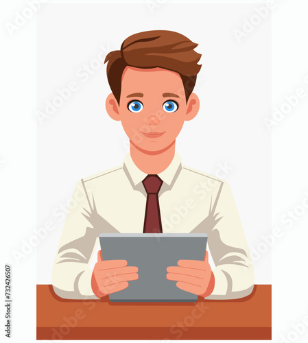 Young student in business suit working at a tablet. A teenager in a tie holds a touch screen tablet. Concept of work, learning, getting a profession, entertainment and recreation.