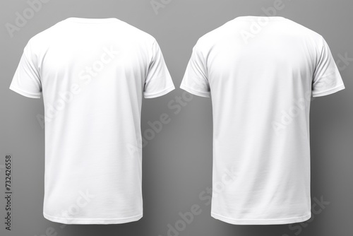 White t-shirt on a plain gray background. Suitable for fashion or clothing design projects photo