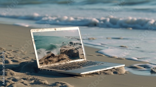 A laptop computer sitting on top of a sandy beach. Perfect for remote work or digital nomads