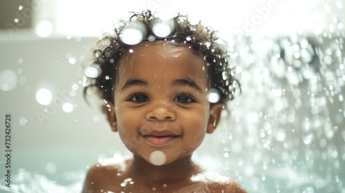 A joyful baby with curly hair smiling and splashing in a bathtub filled with water.