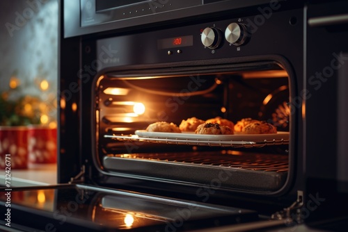 A close-up view of an oven with food cooking inside. Perfect for showcasing culinary skills or illustrating the process of baking.