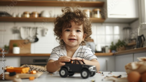A young child with curly hair wearing a striped shirt sitting at a kitchen counter holding a toy truck surrounded by various kitchen items and food with a joyful expression. photo