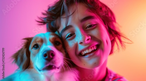 A joyful young person with curly hair smiling brightly and hugging a brown and white dog with a contented expression.