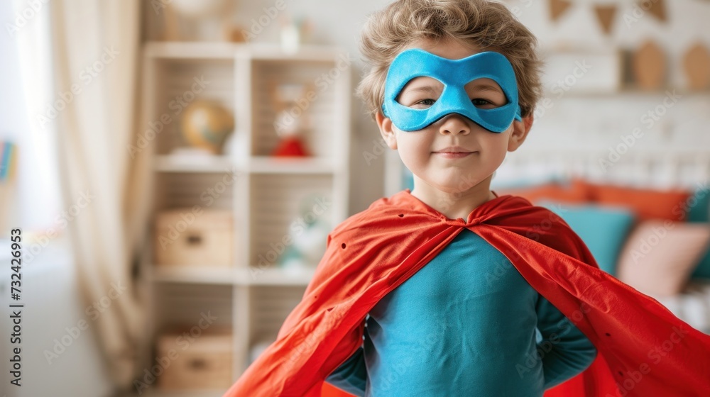 Young child dressed as superhero wearing blue mask and red cape standing in a room with shelves and a window.