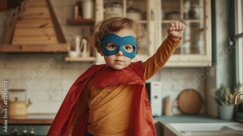 Young child in superhero costume wearing blue mask red cape and orange shirt striking a pose with raised fist in a kitchen setting with wooden cabinets and a window.