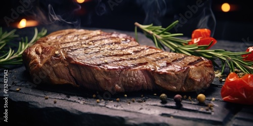 A delicious steak being cooked on a grill, accompanied by a sprig of fresh rosemary. Perfect for BBQs and outdoor cooking
