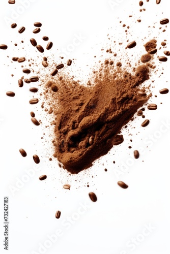 Coffee beans and powder arranged in a pile on a clean white surface. This image can be used to depict coffee production, brewing, or the concept of coffee as a beverage