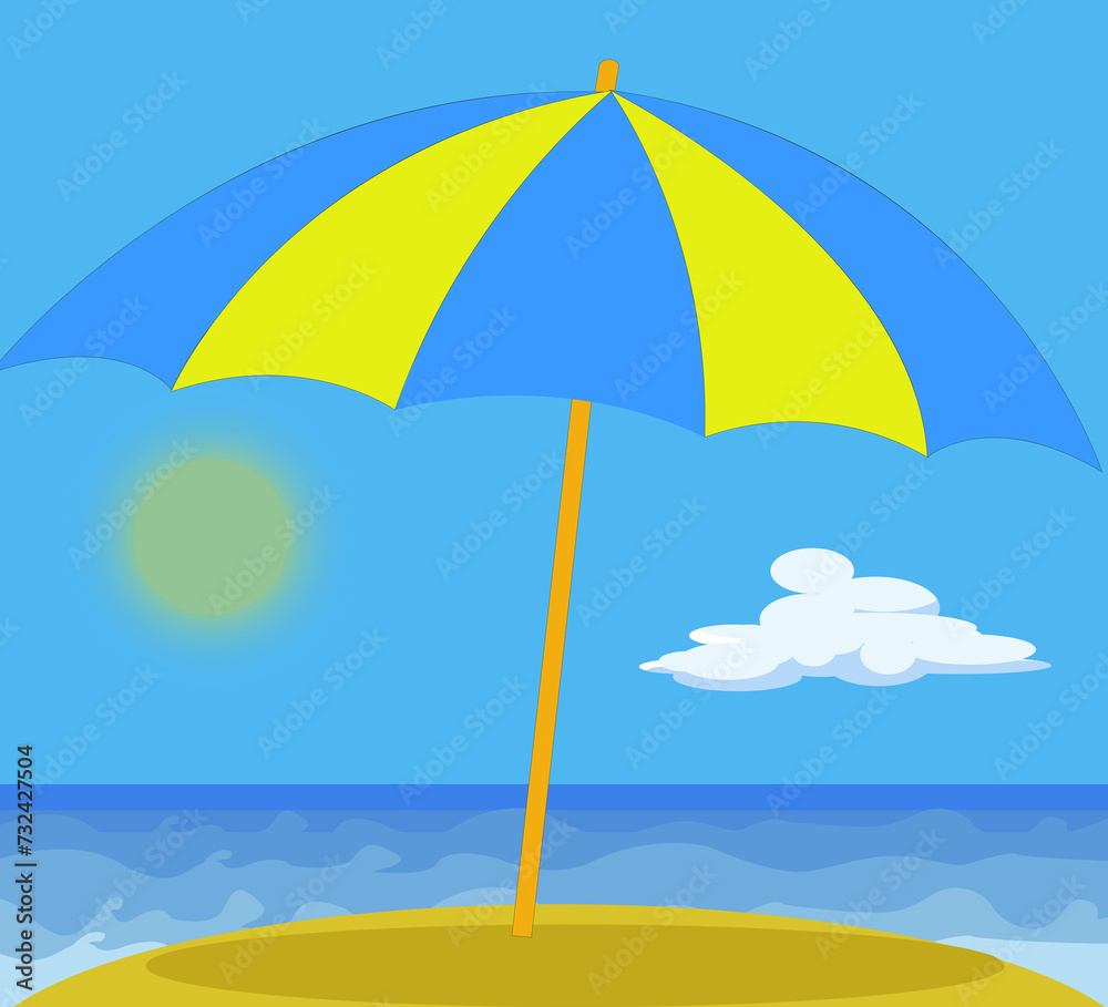 Parasol ouvert sur une île en bord de mer sous ciel bleu	