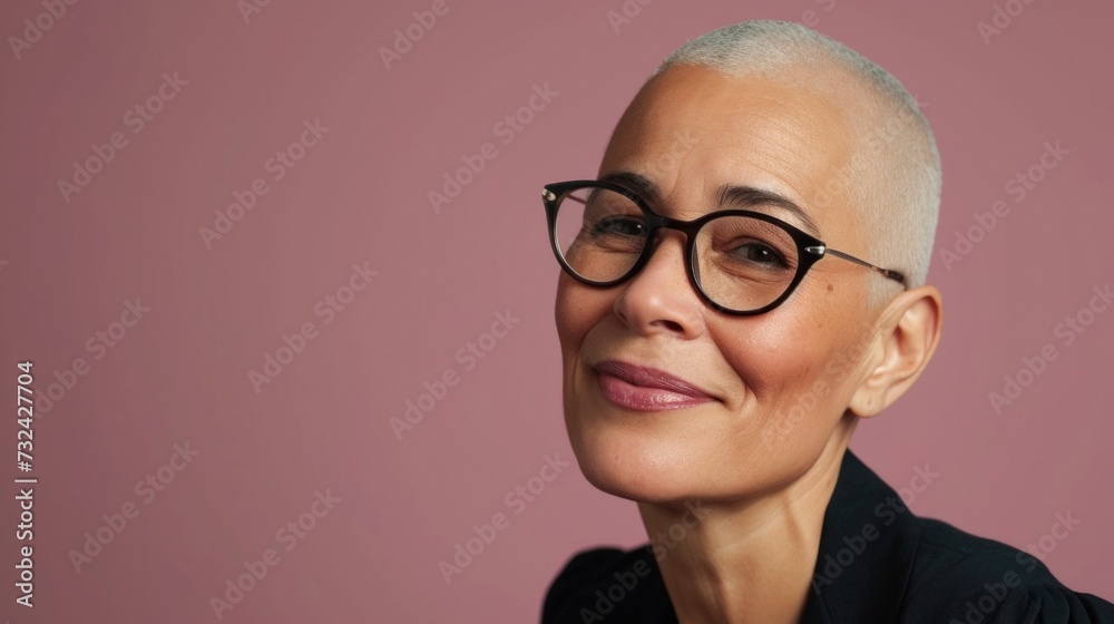 A bald woman with glasses smiling against a pink background. A bald woman with glasses smiling against a pink background.