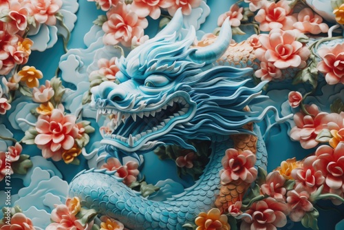 A beautiful blue dragon statue among a vibrant display of colorful flowers. Perfect for adding a touch of whimsy and fantasy to any setting