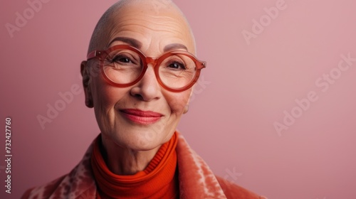 Smiling elderly woman with bald head wearing large round glasses and an orange turtleneck set against a soft pink background.