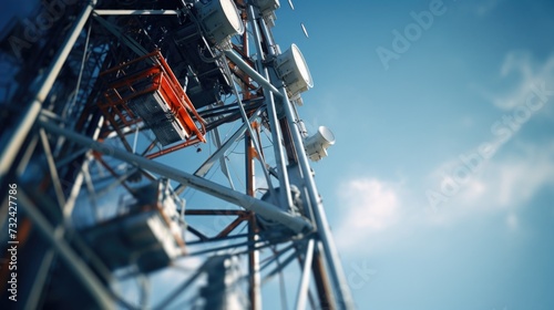 A picture of a cell phone tower against a backdrop of a clear blue sky. Suitable for telecommunications and technology-related projects photo