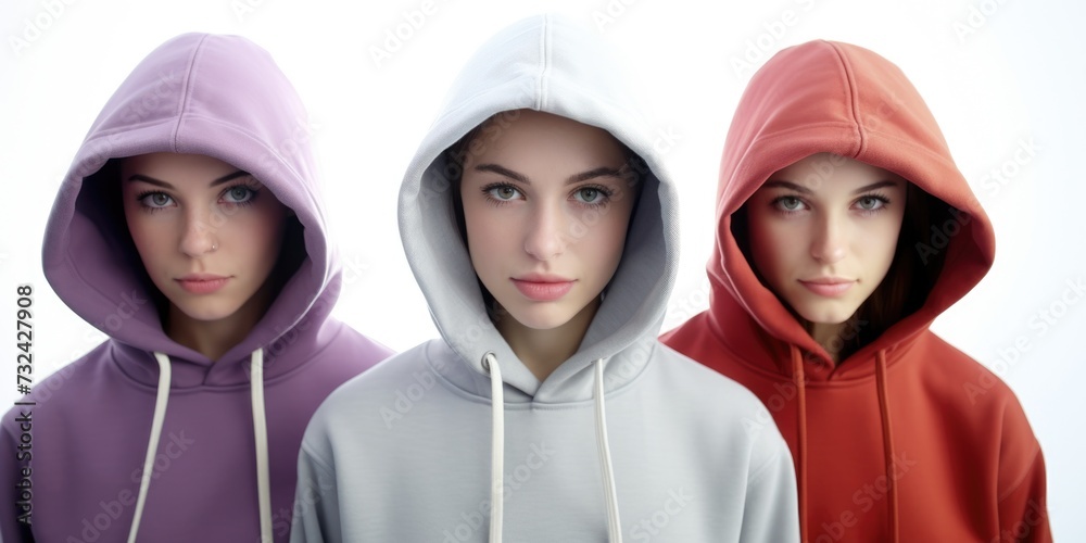 Three young women wearing hoodies pose for a picture. This versatile image can be used for various purposes Three young women wearing hoodies pose for a picture. This versatile image can be used for various purposes