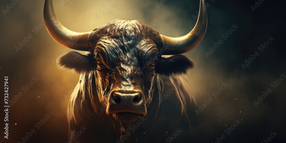A close up view of a bull with impressive horns. This image can be used in various contexts - obrazy, fototapety, plakaty 