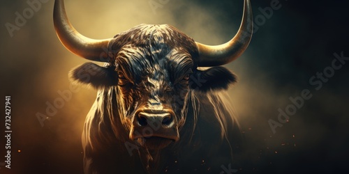 A close up view of a bull with impressive horns. This image can be used in various contexts photo