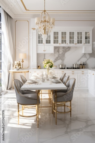 A stylish dining room featuring a marble table and chairs. Perfect for elegant home decor or restaurant interior design © Fotograf