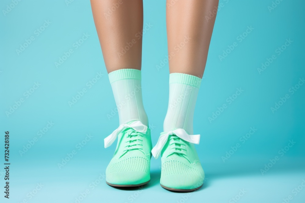 A close-up view of a woman's legs wearing green tennis shoes. Versatile image suitable for various uses