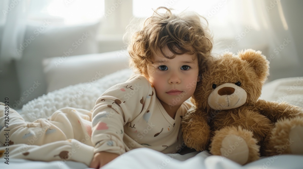 A young child with curly hair wearing pajamas lying on a bed with a teddy bear. A young child with curly hair wearing pajamas lying on a bed with a teddy bear.