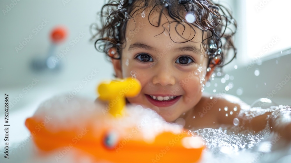 A joyful toddler with curly hair smiling at the camera playing with a yellow toy in a bathtub filled with bubbles. A joyful toddler with curly hair smiling at the camera playing with a yellow toy in a bathtub filled with bubbles.