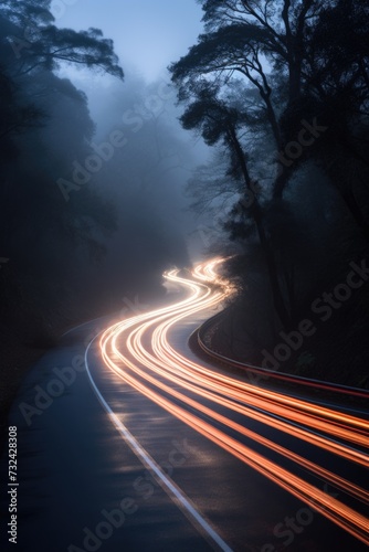 A captivating long exposure photo of a road at night. Perfect for adding a sense of motion and adventure to any project