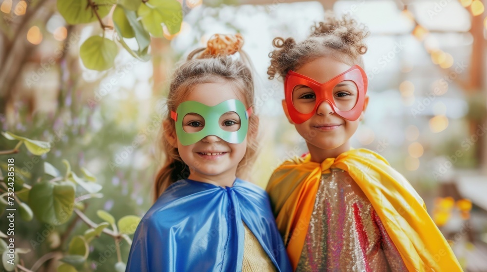 Two young girls dressed as superheroes one in blue and the other in yellow with masks and capes standing together with smiles against a blurred background of greenery and lights.