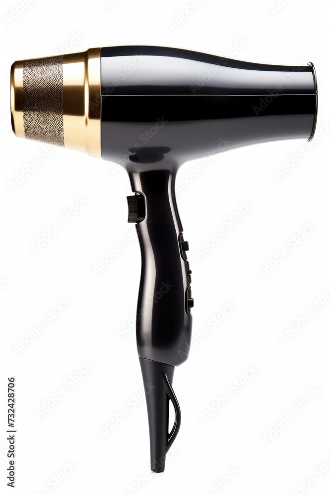 A stylish black and gold hair dryer on a clean white background. Perfect for beauty and fashion-related projects A stylish black and gold hair dryer on a clean white background. Perfect for beauty and fashion-related projects
