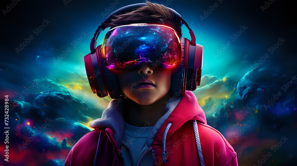 Cosmic Explorer in Virtual Reality. A young individual immersed in a virtual reality experience, with vibrant cosmic visuals reflected on the visor, symbolizing the intersection of techno