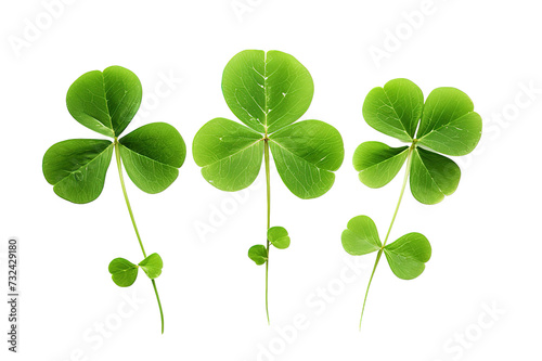 Shamrocks clover leaves St. Patrick's Day celebrating, Set clover shamrock and green clover leaf quatrefoil lucky, isolated on a Transparent background. Generative AI 