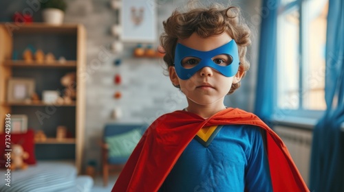 Young child dressed as superhero wearing blue mask and red cape standing in cozy room with bookshelf and window.