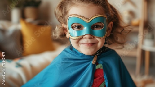 Young girl with a blue mask and cape smiling with joy in a cozy room.