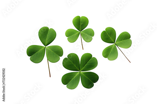 Shamrocks clover leaves St. Patrick's Day celebrating, Set clover shamrock and green clover leaf quatrefoil lucky, isolated on a Transparent background. Generative AI  