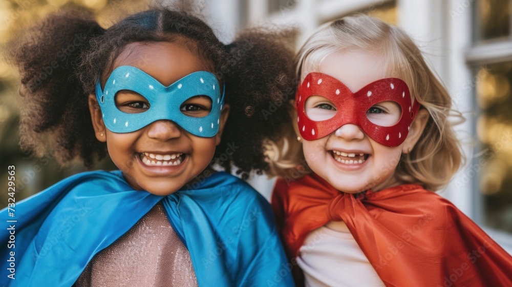 Two young children one with a blue mask and cape the other with a red mask and cape smiling and posing together embodying joy and imagination.
