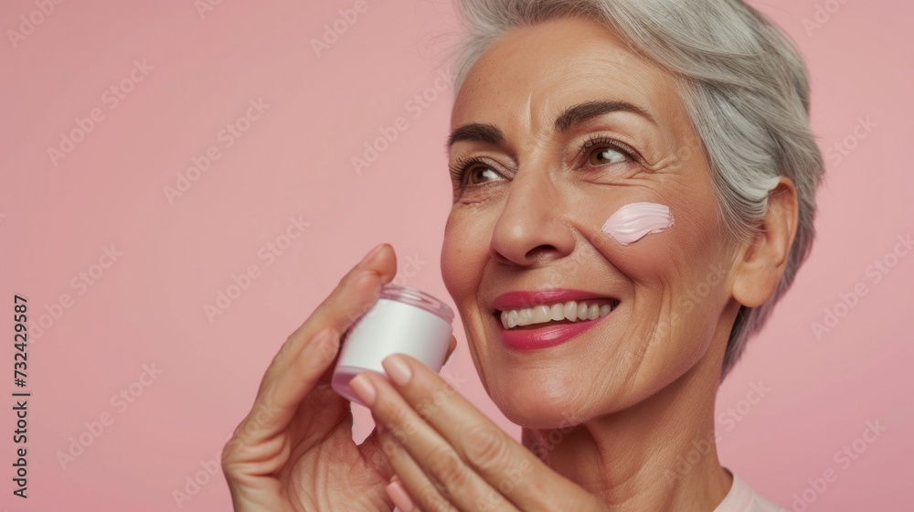 Woman with short gray hair applying cream to her face smiling with pink background. Woman with short gray hair applying cream to her face smiling with pink background.