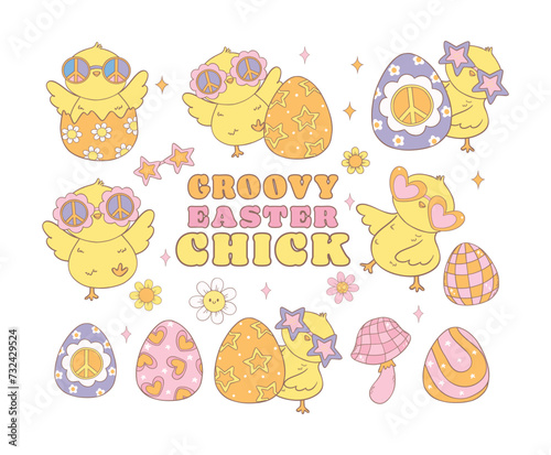 Cute Groovy Easter Chick collection, Playful Festive Holiday cartoon doodle animal hand drawing set.